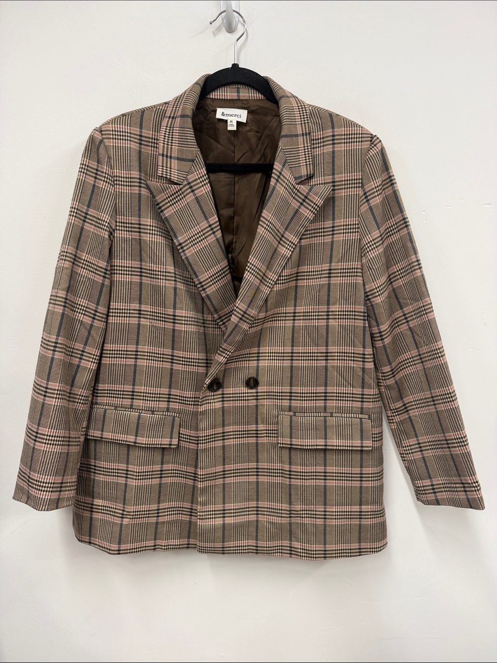 &merci Checked Double-Breasted Sport Coat in Brown and Pink M
